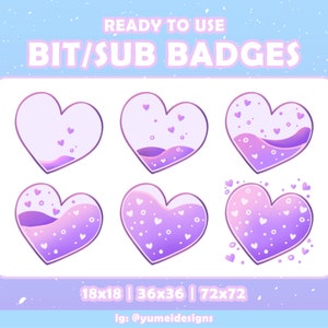 6 Lila Liquid Heart Twitch Sub Badges | Niedliche Valentine Sub Buttons für Luftschlangen | Kawaii | Herz Twitch Sub Buttons | Lila Twitch Buttons
