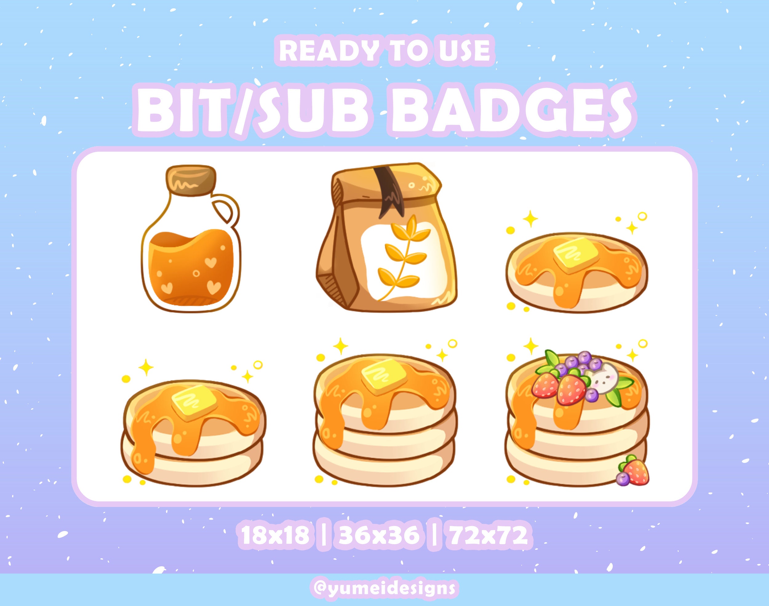 6 süße Pfannkuchen Twitch Sub Abzeichen | Pfannkuchen Buttons für Luftschlangen | Pancake Twitch Sub Badges | Bakery Sub Badges | Twitch Bit Badges