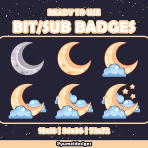 6 Crescent Moon and Cloud Twitch Sub & Bit Badges | Cute Starry Moon Sub Badges for Streamer | Moon Twitch Sub Badges