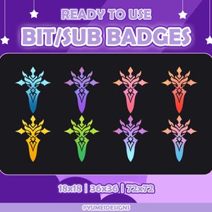 May include: Set of eight digital badges featuring a stylized sword design in various colors, including blue, purple, red, yellow, green, and pink. The badges are available in three sizes: 18x18, 36x36, and 72x72 pixels. The text "READY TO USE BIT/SUB BADGES" is displayed at the top of the image. The text "@YUMEIDESIGNS" is displayed at the bottom of the image.