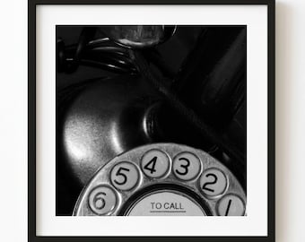 Vintage Rotary Telephone Photography Print, Black and White Retro Wall Art