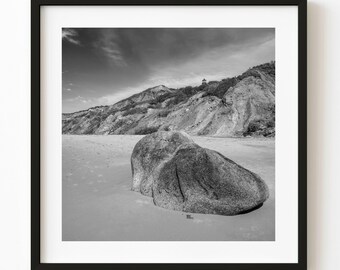 Marthas Vineyard Beach Boulder and Lighthouse Photography Art