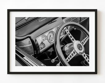 Classic Ford Convertible Interior Black and White Wall Art