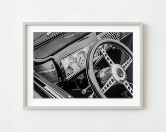Arte de parede com painel e volante de carro vintage Ford conversível clássico em preto e branco | Edição limitada de 10
