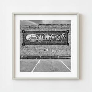 Black and white photo of Allen Candy mural in Pontiac Illinois