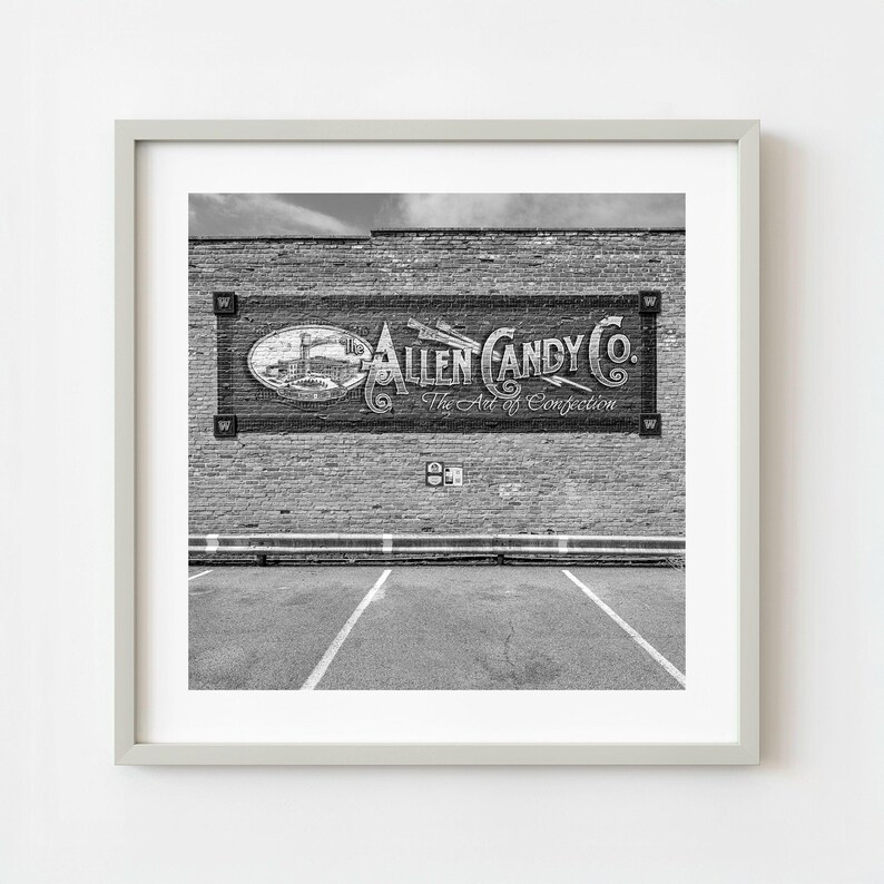 Black and white photo of Allen Candy mural in Pontiac Illinois