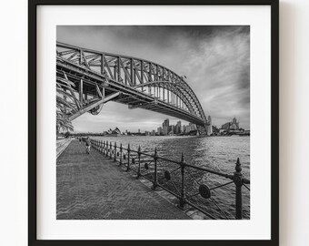 Sydney Harbour Bridge and Waterfront Walk Black and White Print