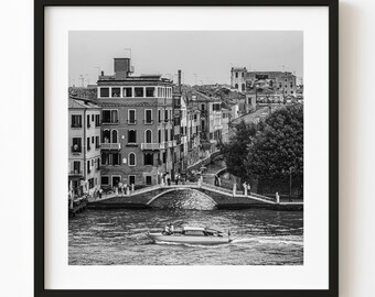 Venice Canal Bridge and Passing Boat Black and White Photography Print