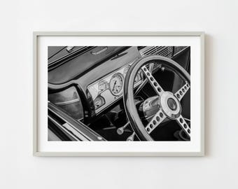 Classic Ford Convertible Interior Black and White Vintage Car Dashboard Steering Wheel Wall Art | Limited Edition of 10
