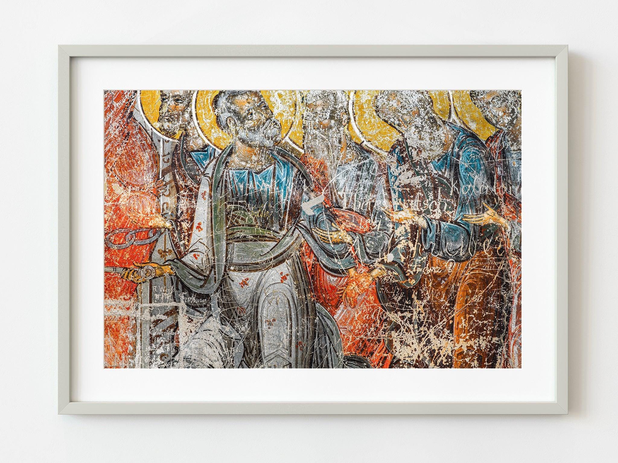 Religious mural with etched scribbles Voronet Monastery | Wall Art