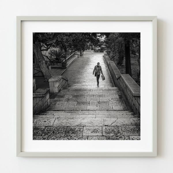 Lady is walking up the apartment building laneway in Dubrovnik | Photo Art Print