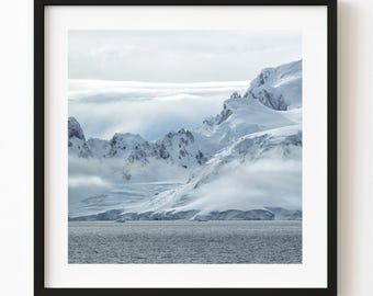Antarctic Mountain Ridges Above Grey Water Square Print