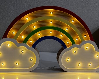 Handmade Wood Carved Cloud and Rainbow Lamp, Kids Room Light, Nursery Lighting, Baby Room Art, Night Light, Room Lamp