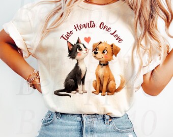 Two Hearts One Love – Cute Cat and Dog Illustration T-Shirt Design