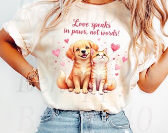 Joyful Dog and Cat Art Print - Hand-Lettered Paw Quote, Red Gold