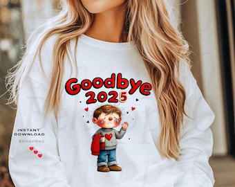 Sad Cartoon Boy T-Shirt Design - Goodbye 2025 with Bubble Letters