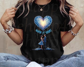 Couple T-Shirt: Romantic Heart Umbrella Design (Red and Gold Accents)