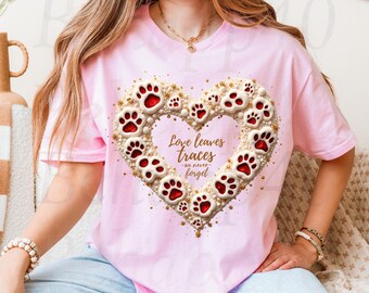 Pet Lover Design — Delicate Paw Print Heart Cluster with Gold & Crimson Accents
