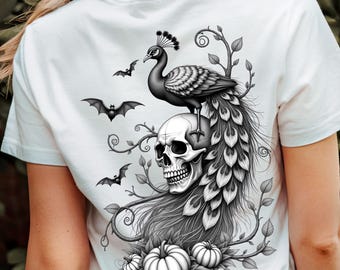 Gothic Peacock Skull T-Shirt Design – Elegant Autumn Style, PNG & SVG Files, 300 DPI Download