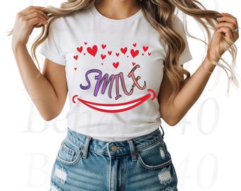 SMILE Typography Clipart with Red Hearts – Playful Curved Letter Art PNG