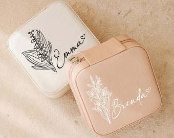 Birth Flower Jewelry Case, Leather Jewelry Box, Birth Month Jewelry Organizer, Personalized Wedding Gift, Name Jewelry Box, Bridesmaid Gifts