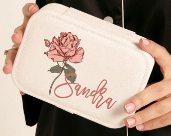 Personalized Travel Jewelry Box, Wedding Bridesmaid Gift, Bride Party Jewelry Case, Custom Name Jewelry Box,Birth Flower Bridesmaid Proposal
