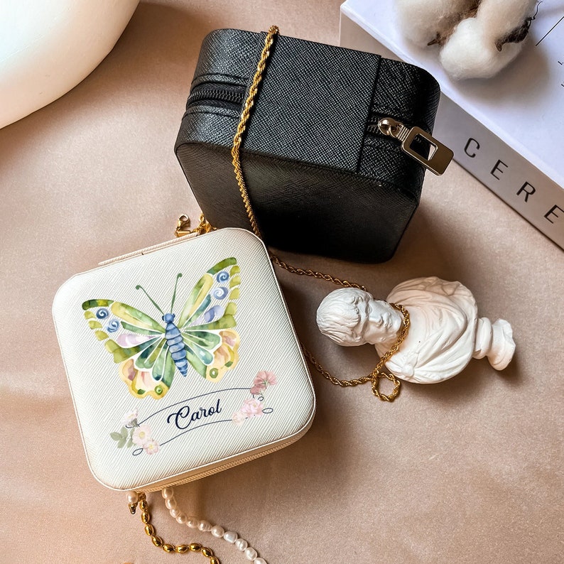 Butterfly Jewelry Box For Mom, Personalized Jewelry Organizer, Custom Jewelry Case with Name, Mothers Day Gift, Ring and Earring Holder image 2