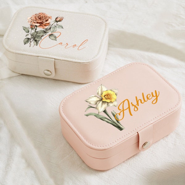 Unique Mothers Day Gift Jewelry Box, Custom Travel Jewelry Case, Gift for Her, Birth Flower Jewelry Box, Personalized Floral Jewelry Storage