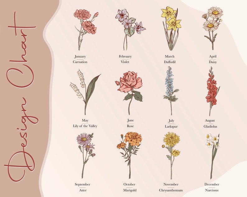 May include: A floral design chart featuring illustrations of twelve different flowers, each representing a month of the year. The chart includes the names of the flowers, such as Carnation, Rose, and Daisy, with the text "Design Chart" in the upper left corner.