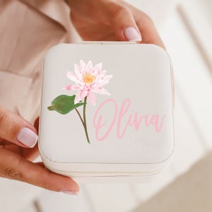 Personalized Flower Name Jewelry Box, Birth Flower Box, Moms Jewelry Storage, Gift for Her, Cute Travel Jewelry Case, Square Earring Holder