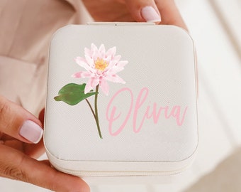 Personalized Flower Name Jewelry Box, Birth Flower Box, Moms Jewelry Storage, Gift for Her, Cute Travel Jewelry Case, Square Earring Holder