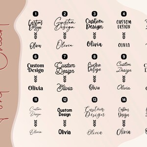 Op de afbeelding: Lettertypekaart met 15 verschillende lettertypestijlen. Elke stijl toont de woorden "Custom Design" boven de naam "Olivia" in verschillende lettertypen. De kaart staat op een beige achtergrond met een bruin decoratief element.