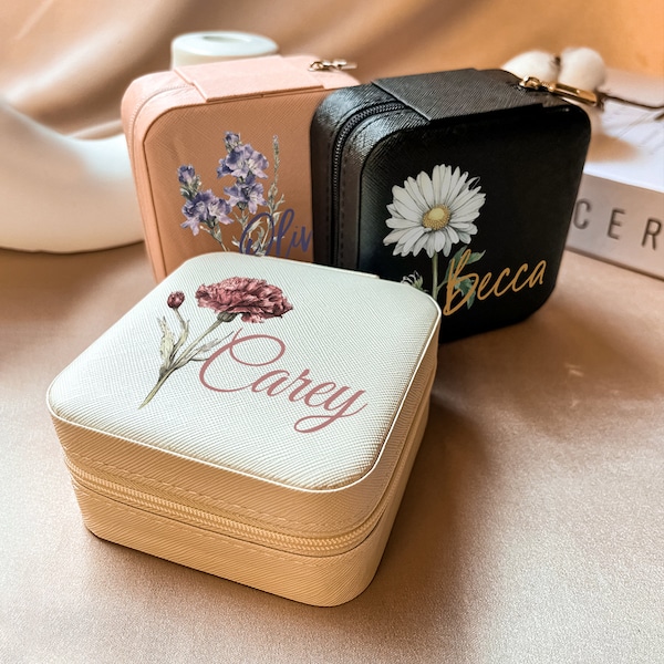 Birth Month Flower Jewelry Storage, Cute Floral Square Jewelry Box, Mothers Day Gifts, Vegan Leather Jewelry Container, Flower Earring Box