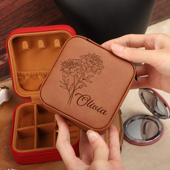 Floral Carved Leather Jewelry Box Custom Tooled Leather Large Travel Jewelry Box – Wall  main image 2