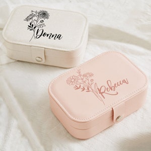 Personalized Name Jewelry Box w Birth Flower, Bridesmaid Gift, Bachelorette Party Gifts, Custom Cute Flower Travel Case, Unique Jewelry Box
