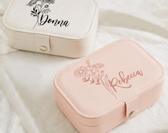 Personalized Name Jewelry Box w Birth Flower, Bridesmaid Gift, Bachelorette Party Gifts, Custom Cute Flower Travel Case, Unique Jewelry Box