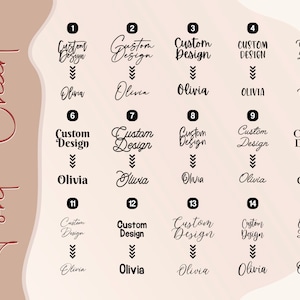 May include: Font chart with 15 different font styles for custom designs. Each style displays the words "Custom Design" above the name "Olivia" in various fonts. The chart is on a beige background with a brown decorative element.