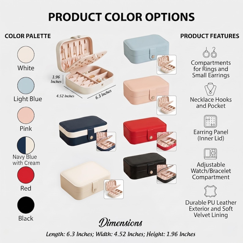 May include: A variety of jewelry boxes in multiple colors, including white, light blue, pink, navy blue with cream, red, and black. Each box has compartments for rings, earrings, necklaces, and bracelets. Dimensions: 6.3 inches long, 4.52 inches wide, and 1.96 inches high.