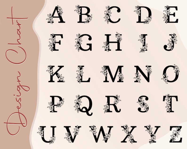 May include: A black and white alphabet design chart with each letter decorated with floral elements. The letters are in uppercase and are arranged in alphabetical order.