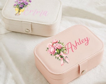 Custom Flower Bouquet Jewelry Box, Dainty Name Jewelry Case, Personalized Mothers Day Jewelry Case, Gift for Her, Bridesmaid Gift Jewel Box