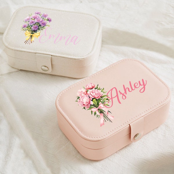 Custom Flower Bouquet Jewelry Box, Dainty Name Jewelry Case, Personalized Mothers Day Jewelry Case, Gift for Her, Bridesmaid Gift Jewel Box