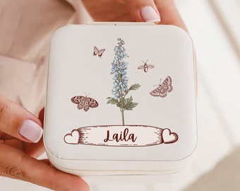 Personalized Jewelry Box, Custom Jewelry Case with Birth Flower, Mother's Day Personalized Gift, Color Birth Flower Jewelry Organizer