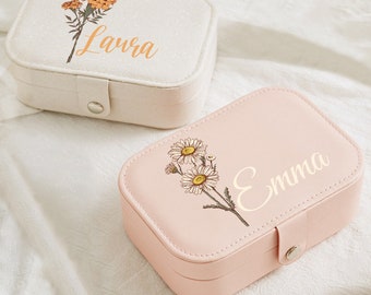 Caja de joyería floral, Caja de joyería de flores de nacimiento personalizada, Regalos de cumpleaños, Regalo para ella, Organizador de joyas de viaje, Caja de joyería del mes de nacimiento