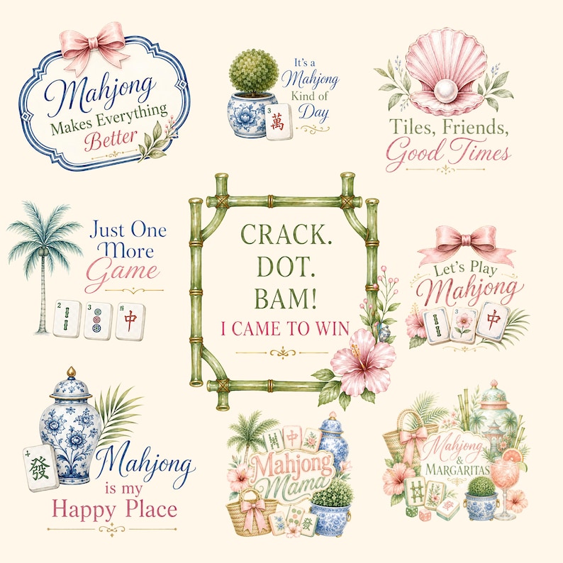 Pode incluir: Ilustra&ccedil;&otilde;es em aquarela com temas de Mahjong. A imagem inclui texto como "Mahjong Makes Everything Better", "Crack. Dot. Bam! I Came to Win" e "Mahjong is my Happy Place". Elementos decorativos: molduras de bambu, detalhes florais e uma concha.