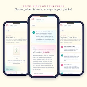 May include: Three smartphones displaying a Mahjong learning app. The app features lessons, cheat sheets, and guides. The screens show text like "Tile Basics" and "Beginner Cheat Sheet" with the company logo "R& Reese & Co."