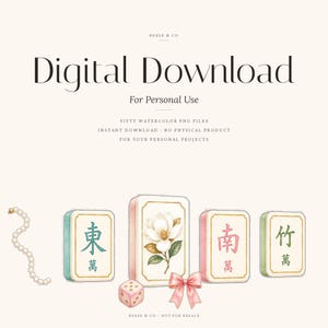 May include: Digital download graphic with watercolor illustrations of Mahjong tiles, a pearl necklace, a pink bow, and a die. The tiles are in pastel colors with Chinese characters and a magnolia flower.