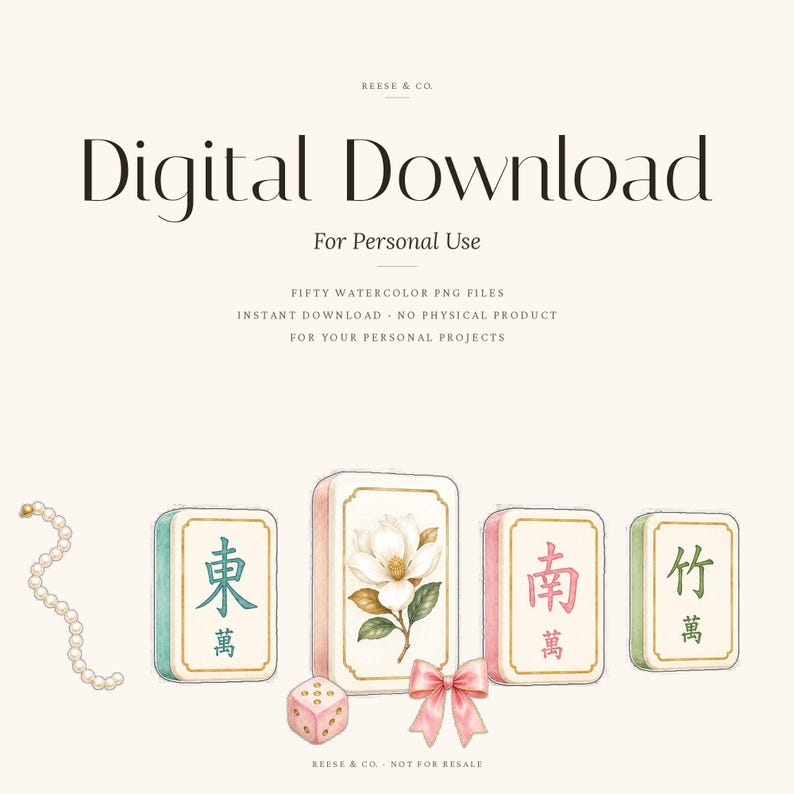 May include: Digital download graphic with watercolor illustrations of Mahjong tiles, a pearl necklace, a pink bow, and a die. The tiles are in pastel colors with Chinese characters and a magnolia flower.
