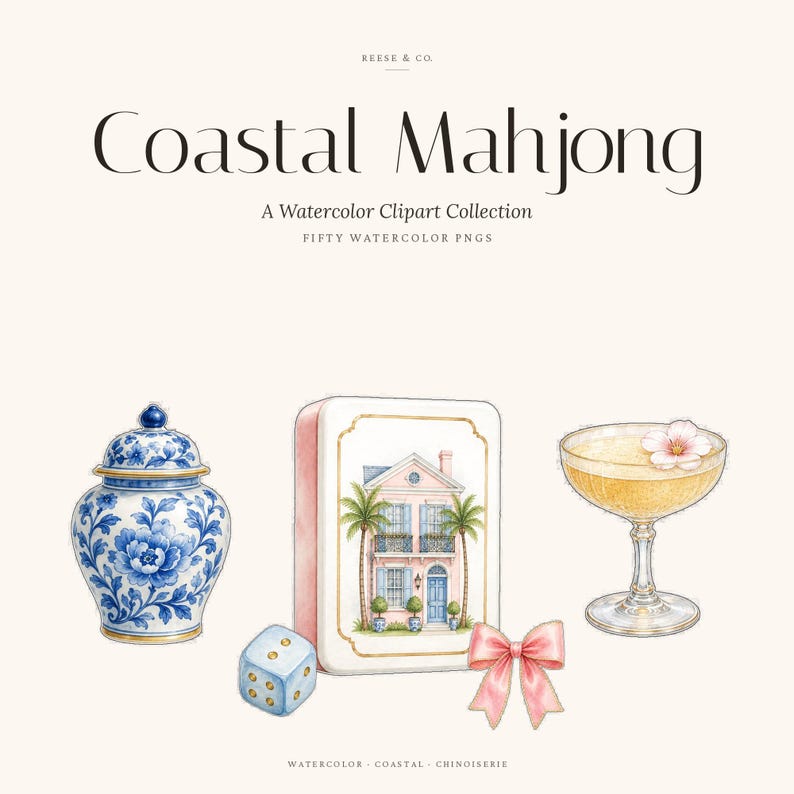 Watercolor Mahjong Clipart Bundle, Coastal Chinoiserie PNGs (Digital Download) image 5