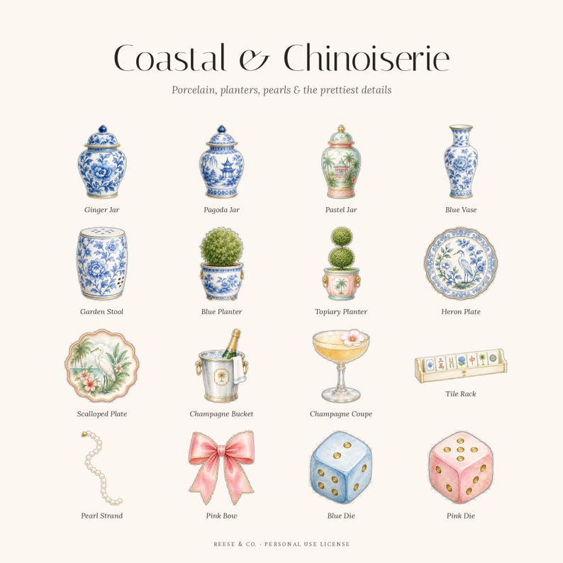 May include: Watercolor illustration of Coastal & Chinoiserie items. Includes ginger jars, planters, a vase, garden stool, plates, champagne bucket, coupe, pearl strand, pink bow, dice, and tile rack. Text reads "Coastal & Chinoiserie".