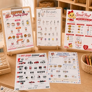 May include: A collection of wooden clipboards and forms on a wooden table. The clipboards feature menus for a coffee shop, beauty salon, and chicken shop. Other forms include a pit stop garage checklist and a post office shipping form. A wooden calculator and a basket of crayons are also present.